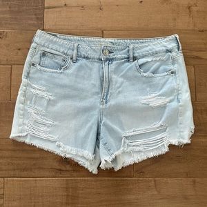 American Eagle Outfitters AEO Tomgirl Midi Distressed Light Denim Jean Shorts
